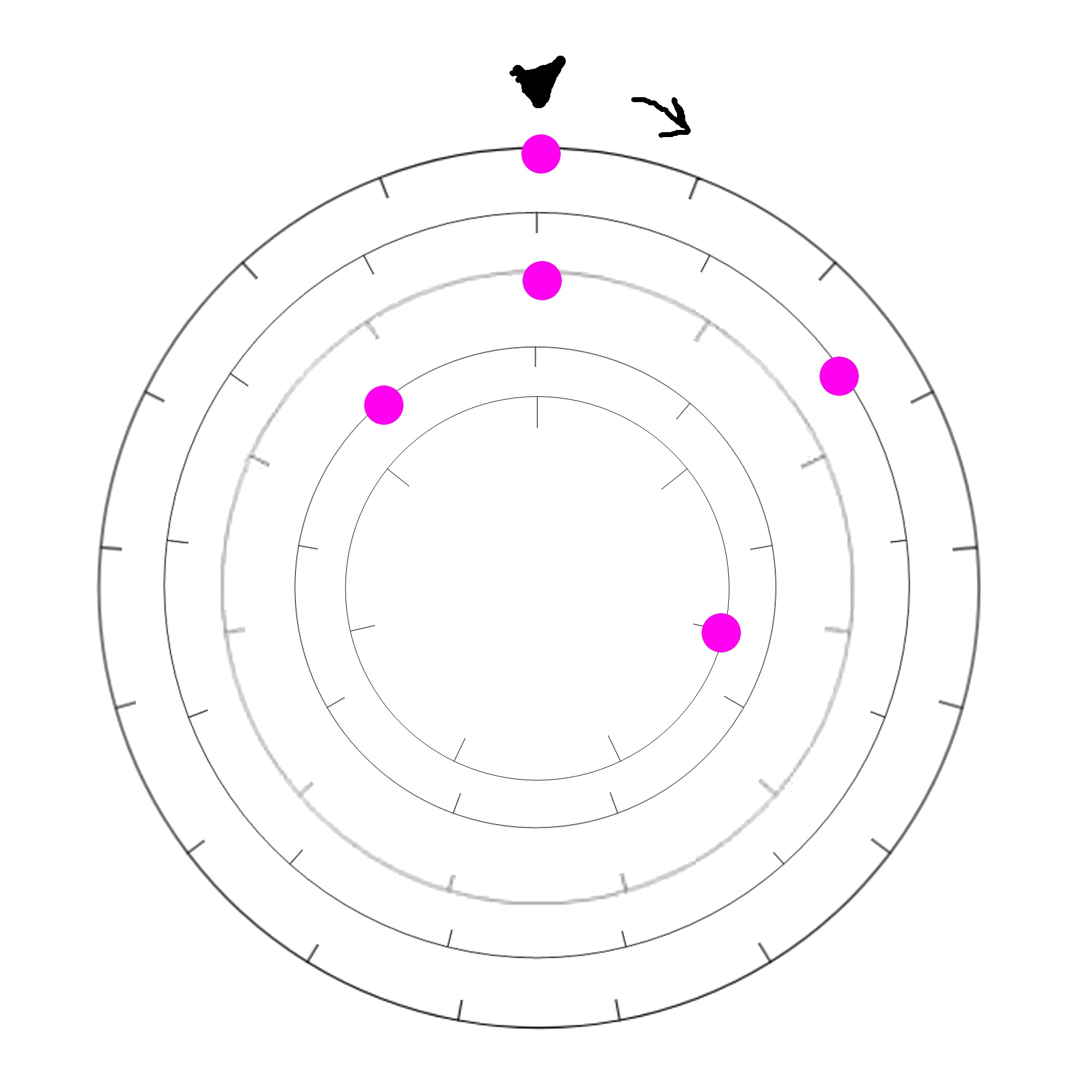 Five nested wheels with rotating intervals, an arrow at the top, and a pink dot on one of the interval steps for each wheel