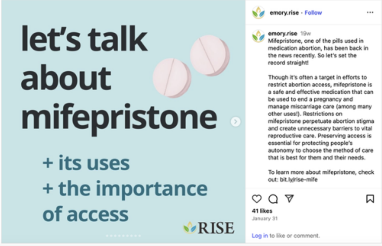 A screenshot of an instagram post from @emory.rise that reads "let's talk about mifepristone" in bold black font "+ its uses + the importance of access" in blue