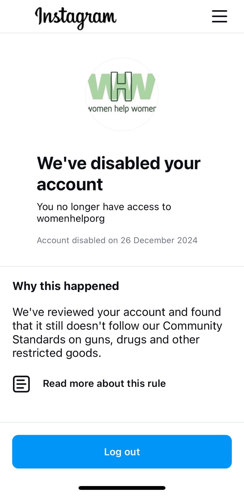 A screenshot of an instagram screenshot from Women Help Women with a "We've disabled your account" message