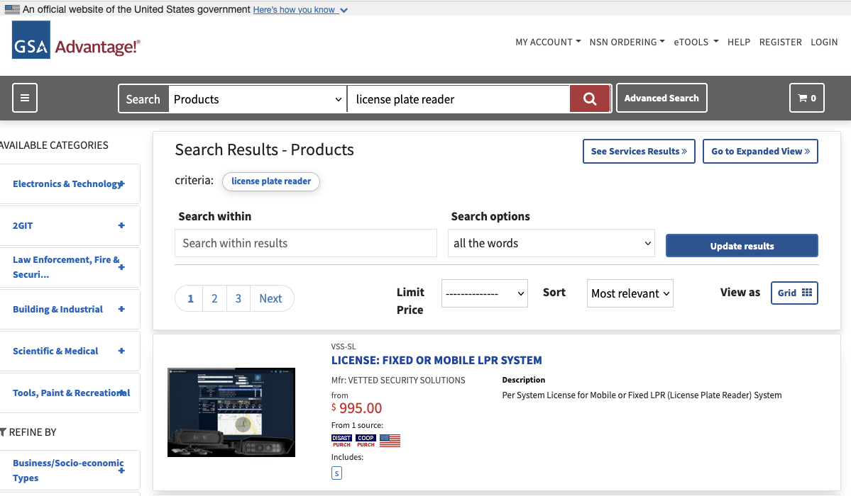 Search results that show a license plate reader for sale for $995.