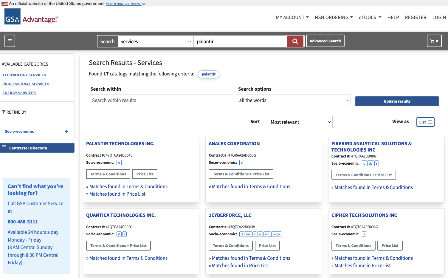 Search results with companies offering Palantir-related services.