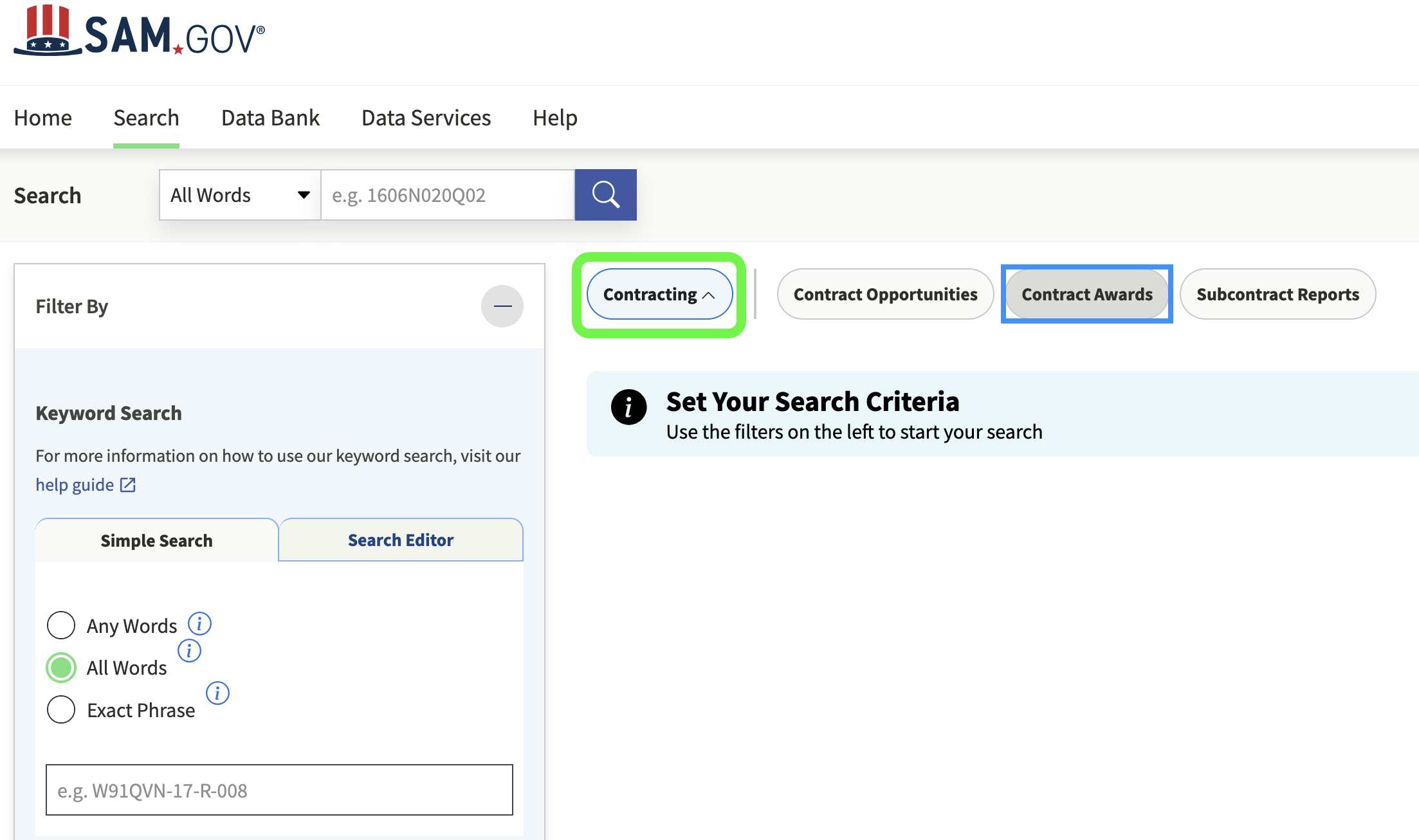 Search page on Sam.gov