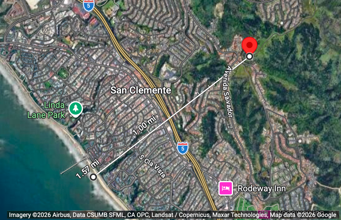 Map of San Clemente showing 1.5 miles between the tower and the coast